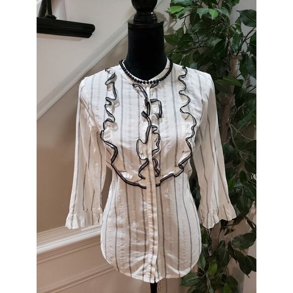 Karl Lagerfeld Women's White Striped Cotton Long Sleeve Button Down Shirt Small - Picture 1 of 12